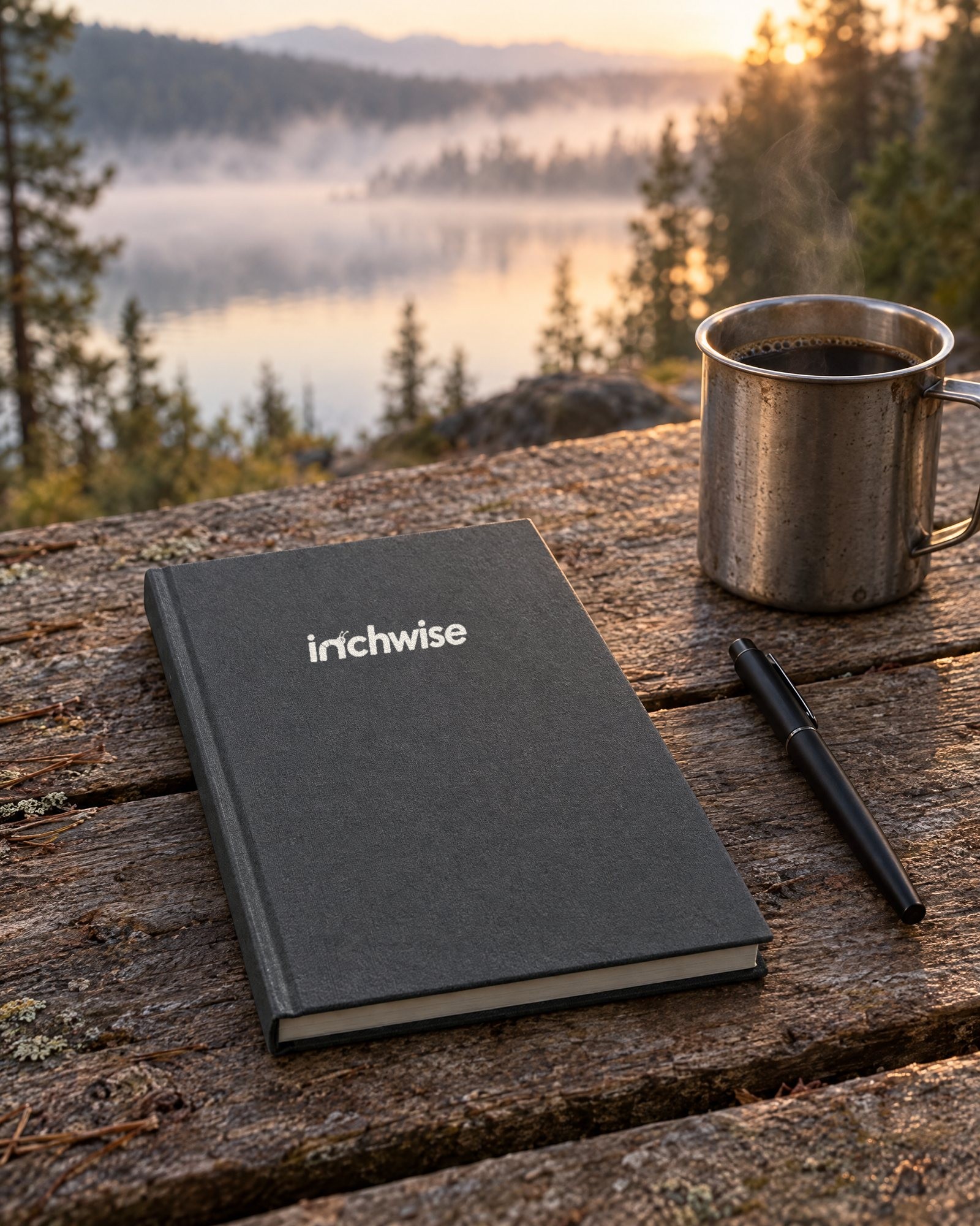 The Inchwise journal on a weathered table by a misty lake at sunrise, with a camp mug of coffee and a pen