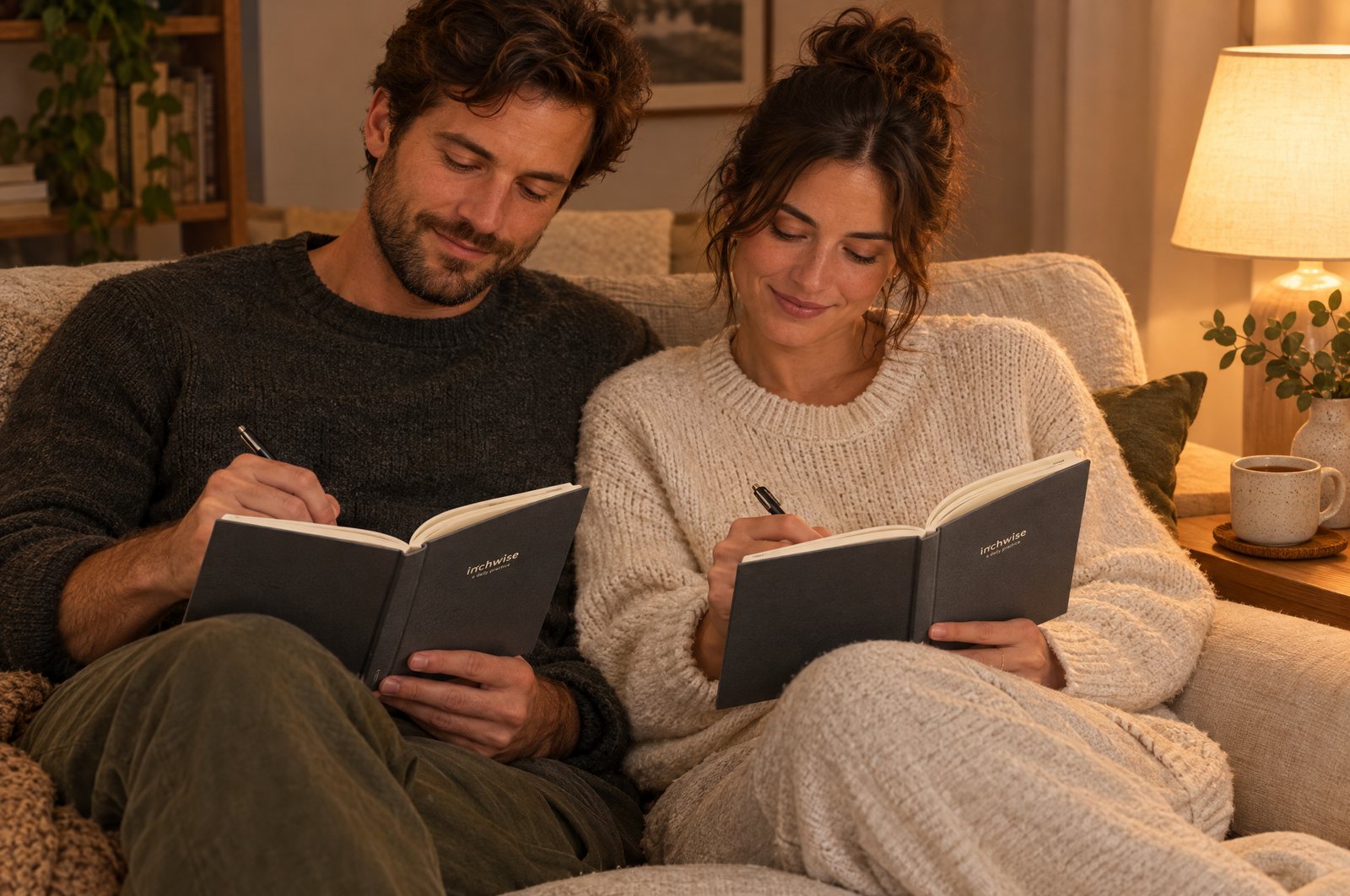 A couple writing in their Inchwise journals together on the sofa in the evening