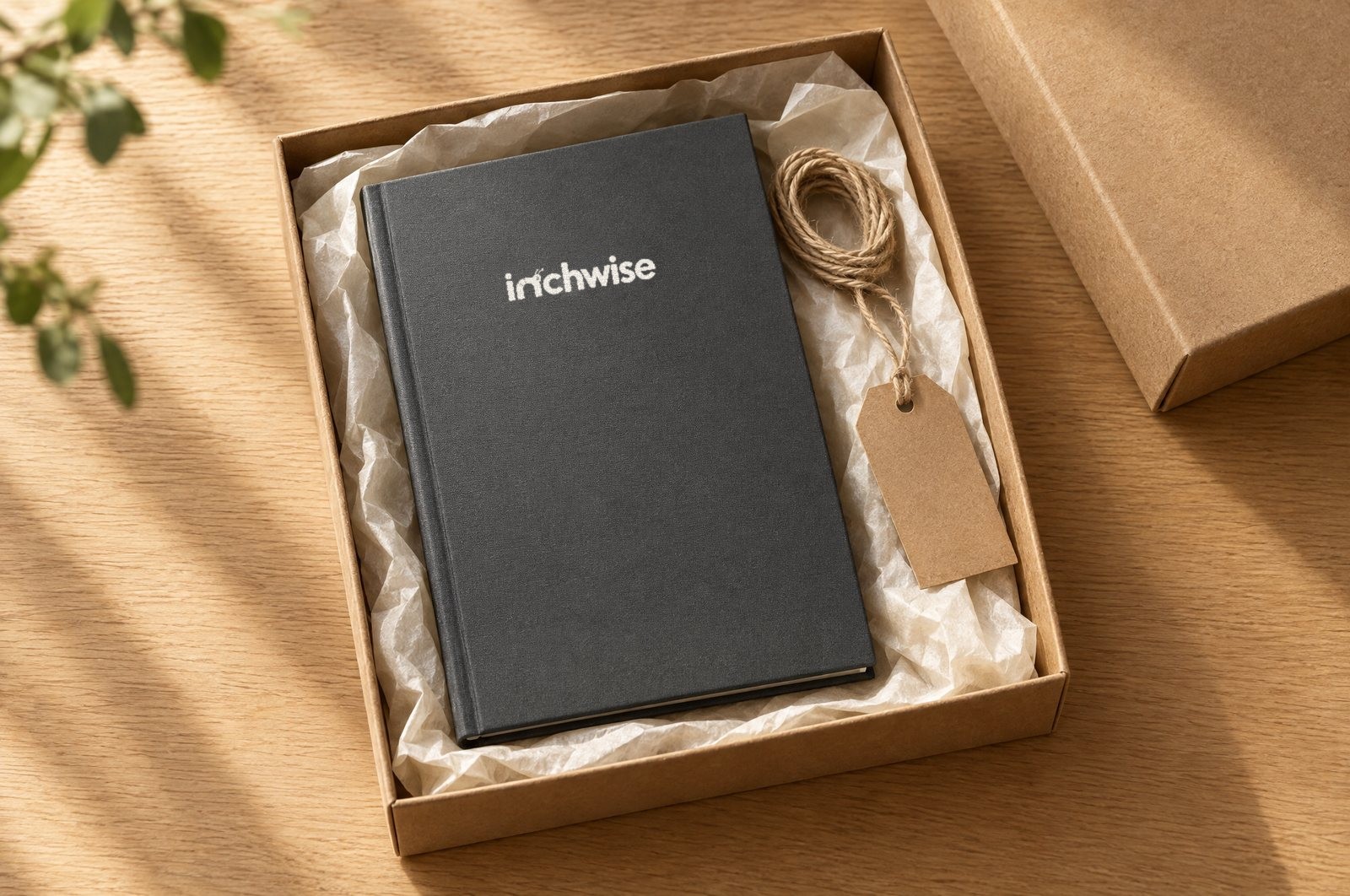The Inchwise journal in a kraft gift box with tissue paper, twine and a tag