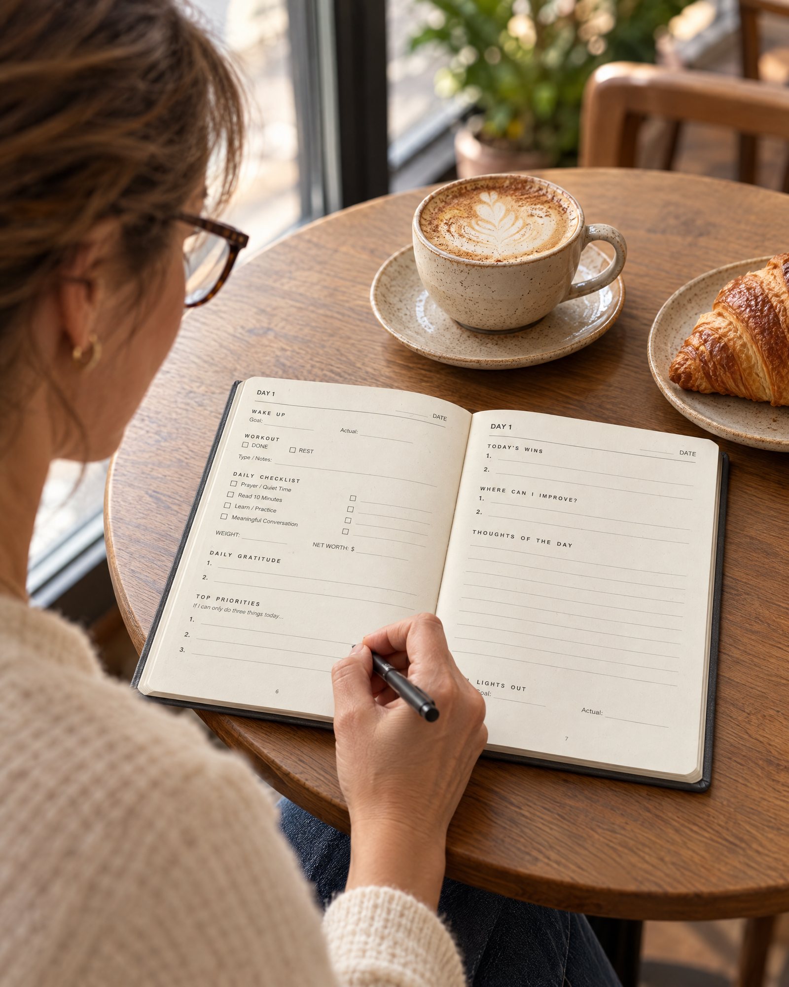 A woman writing in her Inchwise journal at a café table with a latte and a croissant