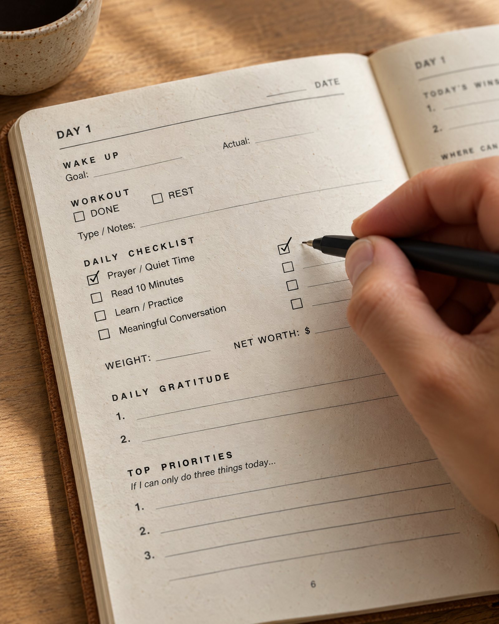 Close-up: a pen checking off Prayer / Quiet Time on the daily checklist