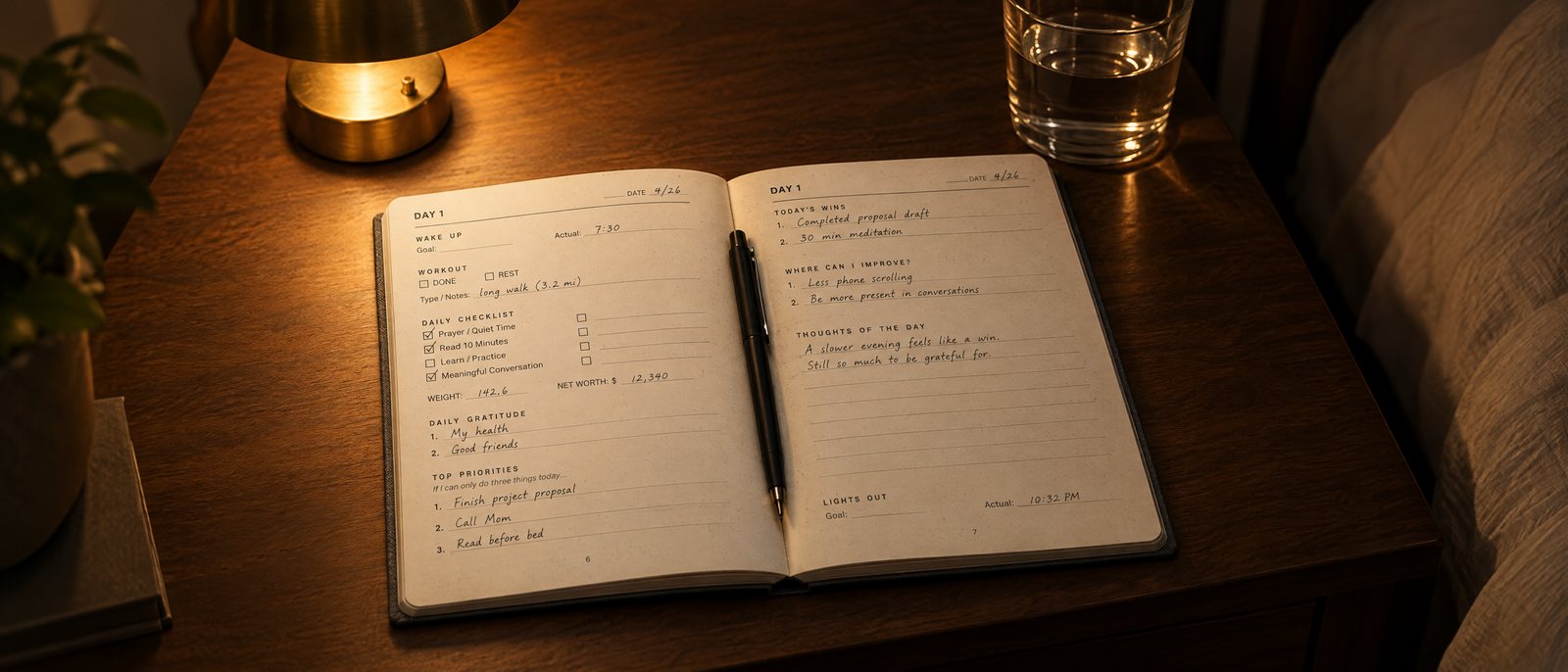 The Inchwise journal open on a nightstand by lamplight at the end of the day